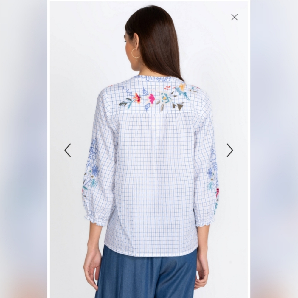 Johnny Was Workshop Miro Tassle Blue White Embroidered Blouse Sz Large MSRP $235 - Picture 2 of 10